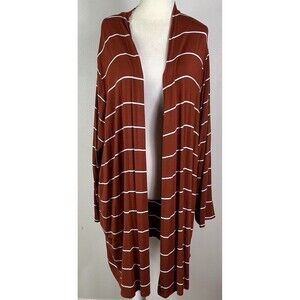Lands End Open Jersey Cardigan Women 1X Striped Burnt Orange Pockets Boho Light